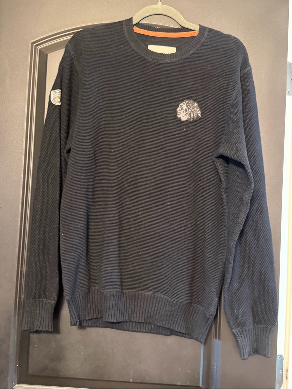 Men's Black Crewneck Sweater with Embroidered Chest Patch